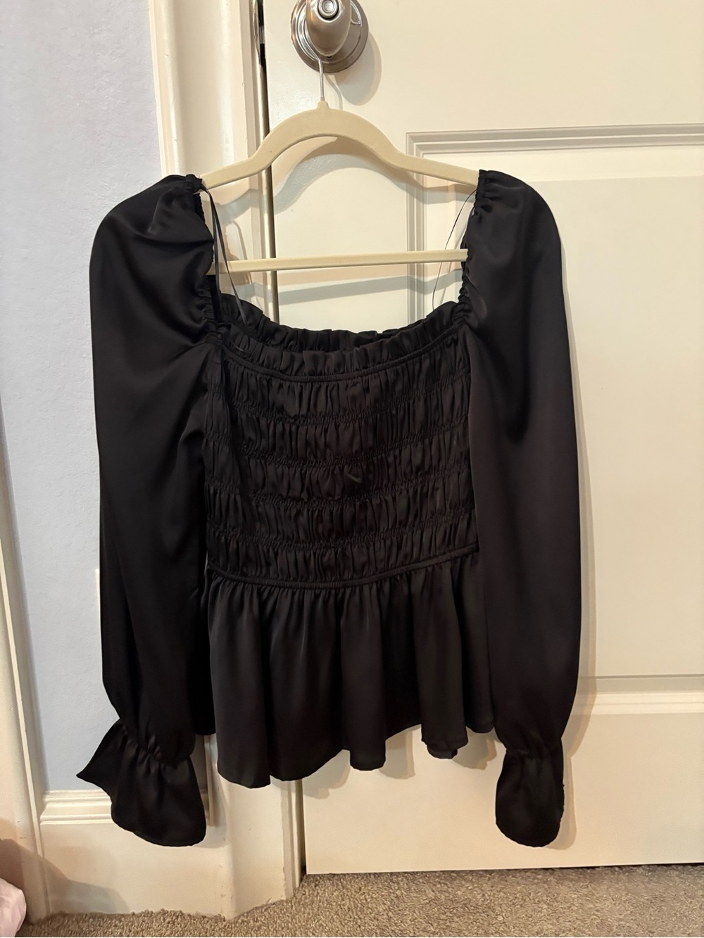 glam Black Long Sleeve Smocked Peplum Blouse